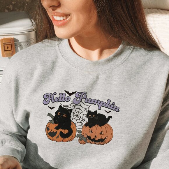 Desert Bloom Darlin Sweaters - Hello Pumpkin Jack O' Lantern Kittens Halloween Dark Grey Sweatshirt